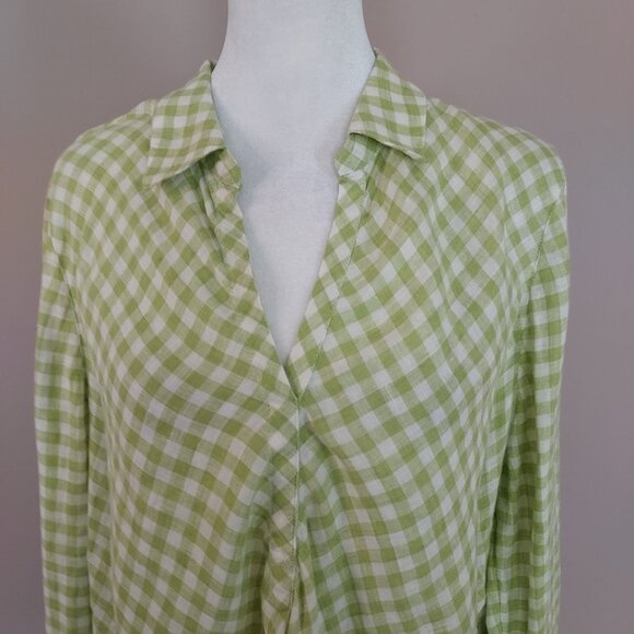 J Jill Love Linen Green White Gingham Popover Blouse Size Med - Picture 4 of 10